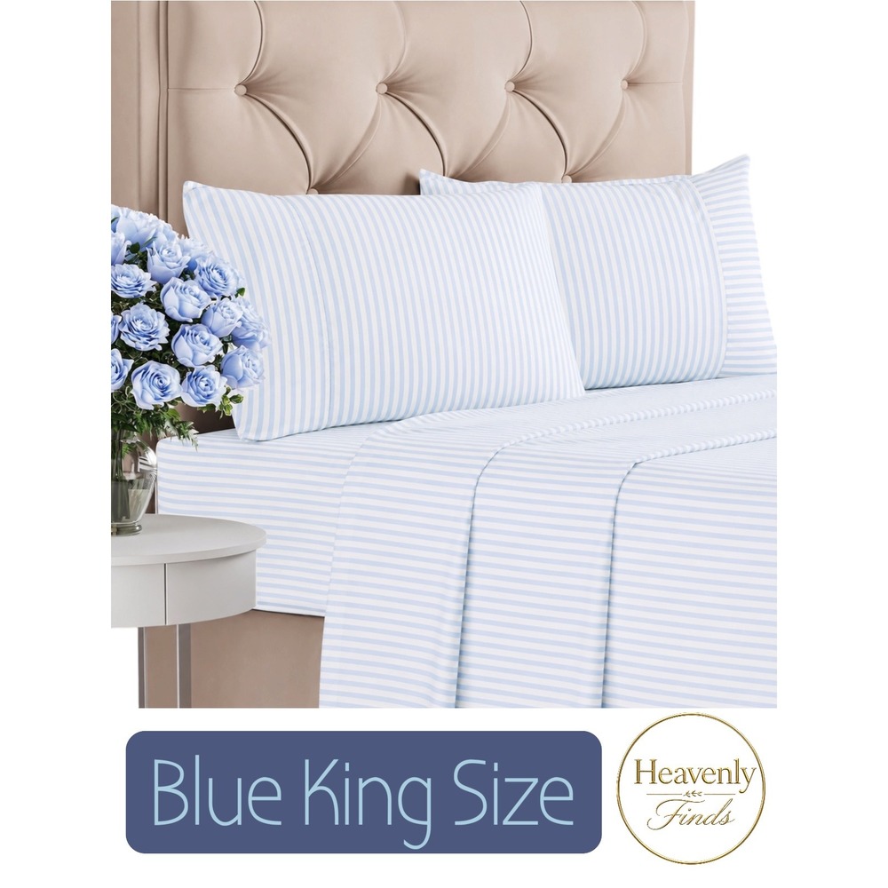 CGK King Sheet Set 4pc Blue Striped Cooling Deep Pocket New Buttery Soft Bedding